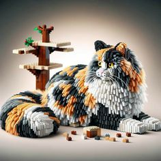 a cat made out of legos sitting next to a tree