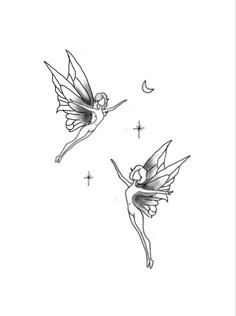 two fairy tinkerbells flying in the sky with stars and moon behind them