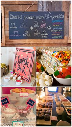 a collage of photos showing different types of desserts and drinks on the table