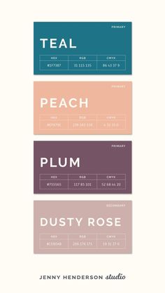 Brand Color Palette with feminine aesthetic featuring teal, peach, plum and dusty rose hues. Hue Color Palette, Color Palette For Branding, Feminine Color Palette