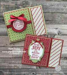 two handmade christmas cards with red and green accents