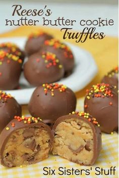 chocolate covered candy balls with sprinkles on a yellow and white checkered tablecloth