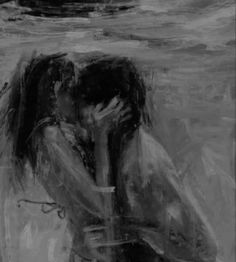 a black and white painting of two people kissing in the water with a boat in the background