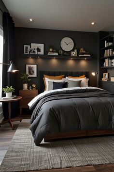 a bedroom with a large bed and shelves on the wall