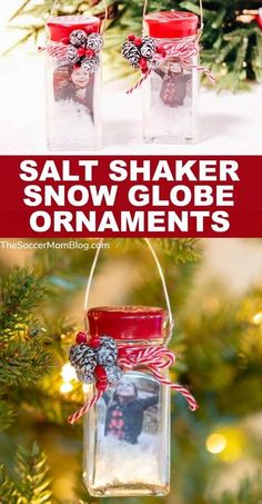 salt shaker snow globe ornament is hanging from a christmas tree