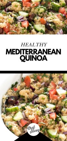 a bowl filled with rice and vegetables next to the words healthy mediterranean quinoa