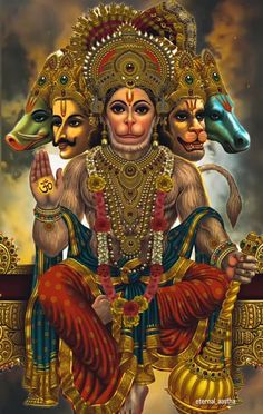 the hindu god sitting on top of a golden throne with two rams in his hands