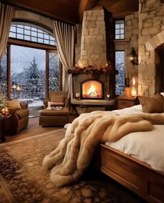 a bedroom with a fireplace in the corner