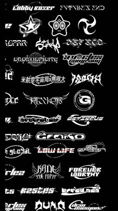 a large number of different types of logos on a black background, all in white