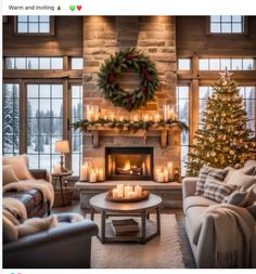 a living room decorated for christmas with candles and wreaths on the fireplace mantel