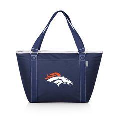 a denver football tote bag with an orange and white logo on the front pocket