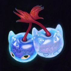 two blue cats with one red cat on its head and the other pink cat's tail