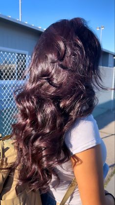 Amethyst Brown Hair, Colored Hair For Black Hair, Plum Red Hair Color Burgundy, Plum Hair On Brown Skin, Dark Color Hair Dye Ideas, Dyed Curly Wavy Hair, Espresso Brown Hair Color Dark, Deep Violet Raspberry Balayage, Red Hair With Black Lowlights