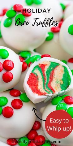 white chocolate balls with green and red candy toppings in a bowl on the table