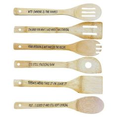 four wooden spoons with different types of utensils in them, all labeled with words