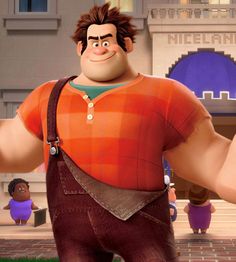 an animated character is standing in front of a building and holding his arms out to the side