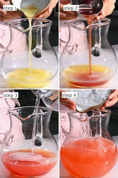 four pictures showing how to make an orange juice in a pitcher and then pour it into the water