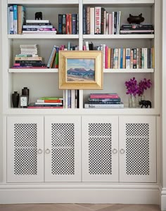 White Bookshelves, Living Tv, Bookcase Styling, Bookshelf Styling, Nate Berkus, Radiator Cover