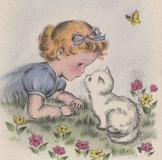 a drawing of a little boy playing with a cat in the grass next to flowers