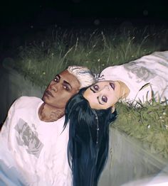 a painting of a man and woman laying on top of each other in the grass