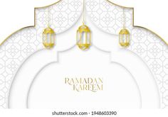 rama kareesh greeting card with arabic calligraphy and gold lanterns on white background