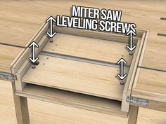 an image of a wooden box with the words mitter saw leveling screws