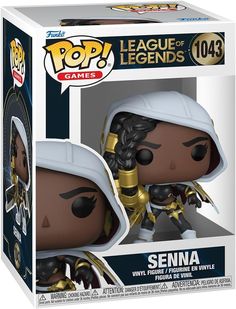 a pop vinyl figure in a white and gold outfit with armor on it's head