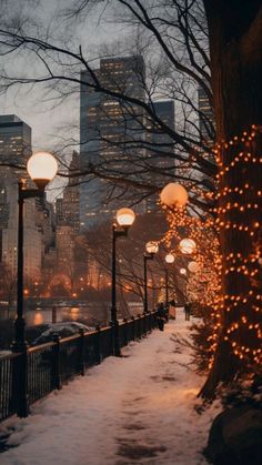 a snowy sidewalk with street lamps and lights on it