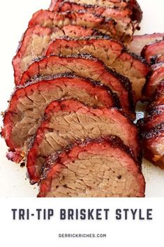 sliced brisket steak on a cutting board with text overlay that reads, trip - tip brisket style