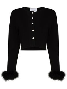 black knitted construction cropped detachable feather cuffs round neck front button fastening long sleeves straight hem Feather Cardigan, Feather Cuffs, Classic Cardigan, Feather Trim, Yoko London, Cardigan Black, Black Feathers, Knitted Cardigan, Cropped Cardigan