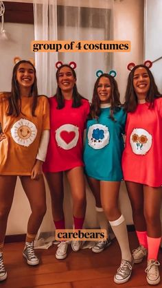 group of four women dressed up in costumes for halloween with words above them that read group of 4 costumes carebears