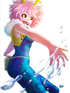 an anime character with pink hair and blue tights, sitting on the ground in front of water droplets