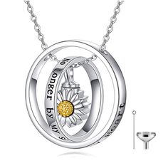 two circles with the words you are loved and sunflower in them, on a silver chain