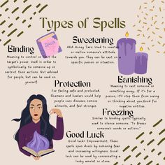 Types Of Magic Witchcraft, Type Of Spells, Types Of Spells, Types Of Witches, Grimoire Ideas, Candle Magic Spells, Spells For Beginners, Witch Rituals, Easy Spells