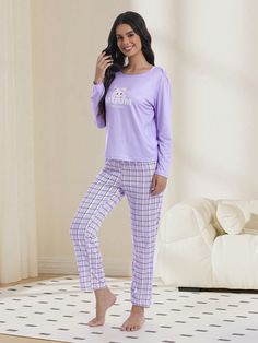 Cute Little Cat Pattern Women's Pajamas Set Plaid Pants Purple Pajamas Casual Cute Comfortable Home Clothes Violet Purple Elegant  Long Sleeve Woven Fabric Animal,Letter,Plaid  Medium Stretch All Women Sleep & Lounge, size features are:Bust: ,Length: ,Sleeve Length: Pajamas Casual, Clothes Purple, Striped Thigh High Socks, Purple Pajamas, Plaid Print Shirt, Home Clothes, Comfortable Home, Mauve Purple, Little Cat