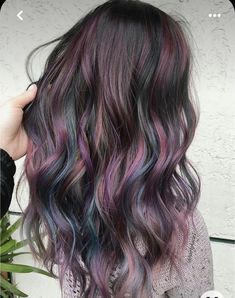 Hair Ideas Colored Brunette Highlights, Lilac Peekaboo Highlights For Dark Hair, Bayalage Brunette Purple Ombre, Two Color Balayage, Brunette Fashion Color Hair, Dimensional Purple Balayage, Balayage Mermaid Hair, Brunette Hair Color With Purple Highlights, Dark Brown Hair Pop Of Color