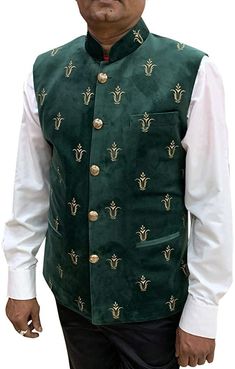 Embroidered Mens green Indian Nehru Waist Coat made in uncrushable velvet fabric. The cost includes only one Nehru Vest. Men's fashion business suit vest for formal or casual occasions; wedding; groomsman vest; party and more Made in India; Dry-clean only Fitted Green Nehru Jacket For Eid, Formal Green Nehru Jacket For Eid, Green Nehru Jacket For Eid And Formal Occasions, Fitted Velvet Bandhgala For Eid, Festive Green Semi-formal Bandhgala, Eid Velvet Fitted Bandhgala, Velvet Nehru Jacket Men, Velvet Bandhgala For Eid Festivities, Fitted Green Embroidered Bandhgala