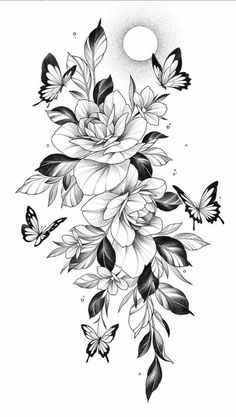 a black and white flower tattoo design with butterflies