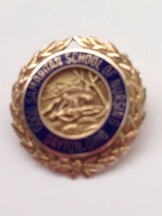 a gold and blue school badge on a white surface