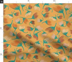 an orange and green flower pattern on a yellow background with measurements for the width of the fabric