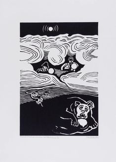 a black and white drawing of a bear floating in the air with clouds above it