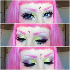 Doing colourful and glittery makeup is like therapy ♡ the yellow/green glitter was a gift from my friend Mixi! Bright Eyeshadow Looks, Pink And Green Makeup, Maquillage Goth, Glittery Makeup, Uchuu Kei, Pastel Goth Makeup, Fantasy Make-up, Bubble Goth