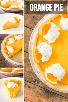 an orange pie with whipped cream on top is shown in four different pictures, including the crust