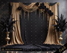 a black and gold wedding backdrop with flowers