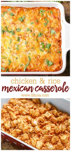 chicken and rice mexican casserole in a white dish with the title above it