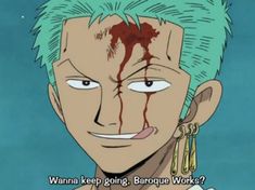 an anime character with green hair and blood on his face