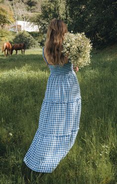 Steal their hearts in our Rosie Dress in Blue Bounty Gingham! Delicate ruffled straps meet a sweetheart neckline and tired midi hem. Sweeten the look with a matching hair scarf and platform heels. Blue Checkered Dress Outfit, Checkered Dress Outfit, Patterned Dresses, Blue Picnic, Blue Gingham Dress, Picnic Dress, Country Dresses, Romper And Jacket, Checkered Dress