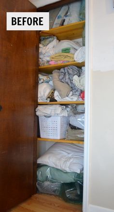 an open closet door with clothes and other items in it, before and after being cleaned