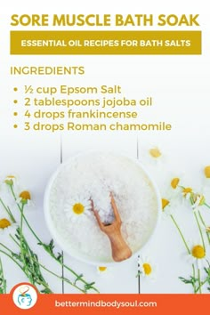 Bath salts are a nice addition to any soak. You can create your own with these recipes using essential oils from Young Living and Doterra. Whether you choose to add singles like lavender or blends like Stress Away, home spas are popping up everywhere as people start creating their own stored in jars. We have tips on how to make your own. If you love body and sugar scrubs you will adore bath salts. Try them all and choose which is best for relaxing. You’ll be surprised how simple it is. #... Muscle Bath Soak, Home Spas, Love Body