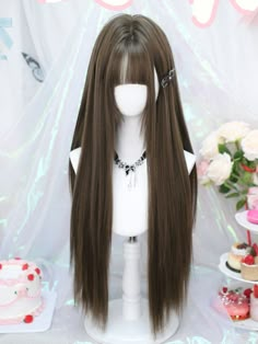 Elevate your style with this stunning synthetic wig. The wig measures an impressive 70-75cm in length, offering a sleek and straight silhouette that cascades beautifully down your back. Designed with trendy air bangs, it frames your face perfectly, adding a touch of youthful charm. Garment Size SizeFree SizeHair Length70-75 Wig Brown, Brown Wig With Bangs, Korean Wig Long Hair, Long Dark Brown Wigs, Harajuku Wigs Long, Long Brown Cosplay Wig, Double Ponytail, Kawaii Wigs, Side Bangs Hairstyles